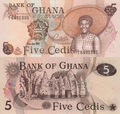 Ghana 5 Cedi (02.01.1977) - Woman with BIG Hat/Village/p-15b, B116d UNC - Image 1 of 3