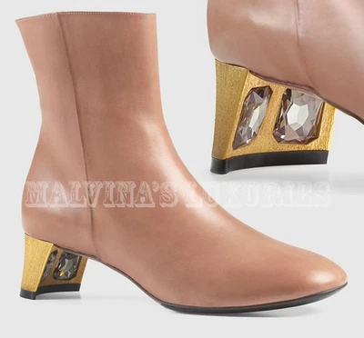 GUCCI BOOTS ANKLE ARIELLE GOLD HALF MOON CRYSTAL HEEL MAUVE LEATHER $1,200 38 8 - Image 1 of 4