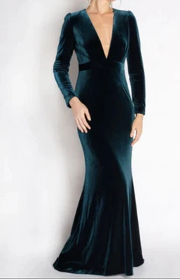 Vestido Anthropologie Jenny Yoo Logan Stretch DeepV Verde Esmeralda Terciopelo Columna NUEVO 2 Foto 1 de 4