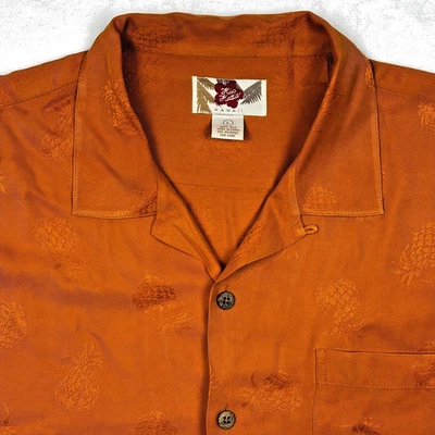 VTG Hilo Hattie 100% Silk Hawaiian Shirt L Orange Upside Down Pineapple Hawaii - Image 1 of 4
