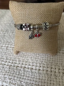 Pandora Bracelet 7.5 Inch (5) Graduation Cap-Present-Red Hearts -2 Clear Bling - Picture 1 of 4