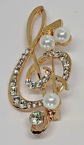 Musical Symbol Sparkling Rhinestone Pearl Brooch Pinback Pin Gold Colored - Picture 1 of 2