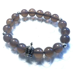 Fashion Men's Smoke White Agate Silver and  Vintage Crown Bead Bracelet - Picture 1 of 2