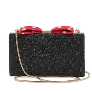 Kate Spade Womens Black Glitter Disney Minnie Mouse Bow Clasp clutch Bag New - Picture 1 of 12