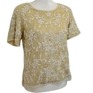 Suéter Vintage Con Cuentas Mediano Marfil Lentejuelas Manga Corta Lana Stephen Chu - Imagen 1 de 12