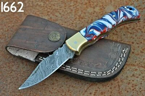 6" Custom Handmade Damascus Steel Back-Lock Pocket | Folding Knife | With Sheath - Picture 1 of 3