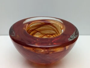 Kosta Boda Atoll Glass Votive Holder Red Orange Swirl Swedish Bowl Anna Ehrner - Picture 1 of 5