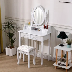 Chic Dressing Table and Chiar Set 4 Drawers Vanity Table Makeup Desk Stool White - Picture 1 of 21