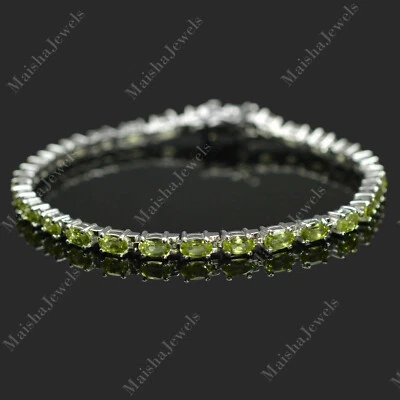 925 Sterling Silver Natural 5X3 MM Green Peridot Gemstone Women Tennis Bracelet - Image 1 of 4