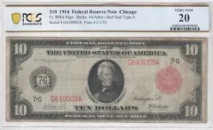 US 1914 $10 Federal Reserve Note, Chicago Red Seal Type A; FR 898A, PCGS VF 20 - Picture 1 of 2