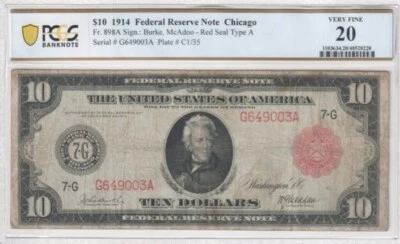 US 1914 $10 Federal Reserve Note, Chicago Red Seal Type A;  FR 898A, PCGS VF 20 - Image 1 of 2