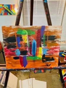 Abstraktes Original Acryl Gemälde signiert 14" x 11" flache Tafel Leinwand "Lohn" - Bild 1 von 3