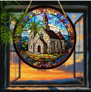 Large Country Church Acrylic Suncatcher, 8in, Stained Glass Look 2D Great Gift - Picture 1 of 9