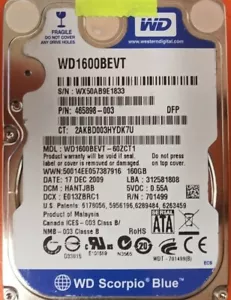 ⭐️⭐️⭐️⭐️⭐️ HDD Hard Drive SATA Laptop 2.5" WD WD1600BEVT-60ZCT1 160GB 465898-003 - Picture 1 of 2