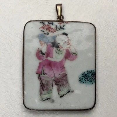 ~ 中国清朝古董瓷器 .925 碎片吊坠带红色出口印章 — 第 1/2 张图片