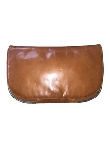 BOTTEGA VENETA 1970'S BROWN LEATHER GOLD METAL TRIM FLAP FRONT CLUTCH BAG - Picture 1 of 5