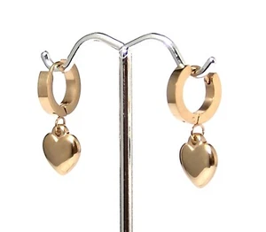 Huggie Hoop Earrings Heart Dangle Yellow Gold PVD Surgical Steel Hypoallergenic - Picture 1 of 2