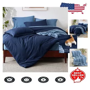 Modern 6-Piece Navy Twin Bedding Set - Soft Brushed Fabric & Flannel Blanket - Picture 1 of 10