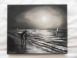 Original Painting by Hannah Nickolls Seashore Night Time Fishing - Picture 1 of 2
