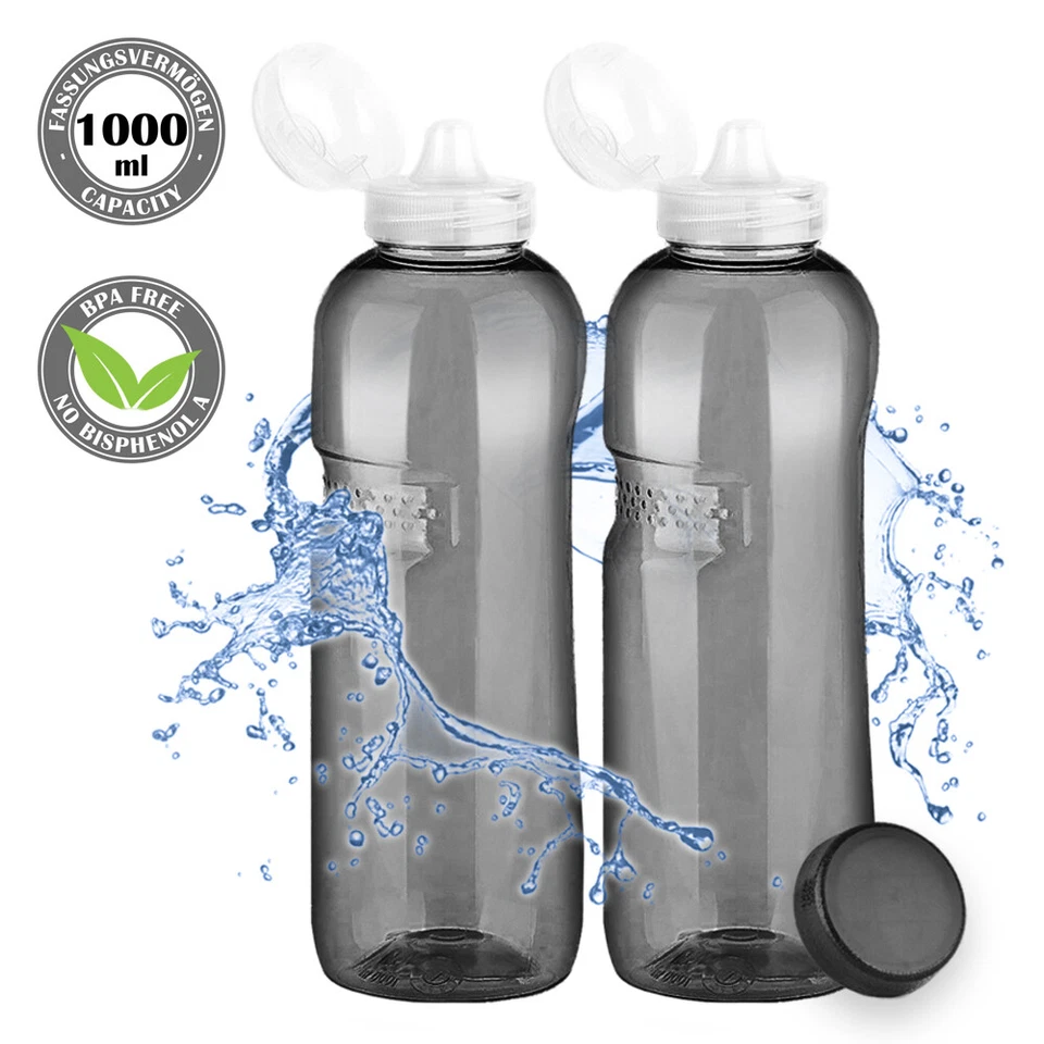 2 Stück Tritan Trinkflasche 1000ml + Sportdeckel BPA frei Flasche Wasser schwarz - Bild 1 von 4