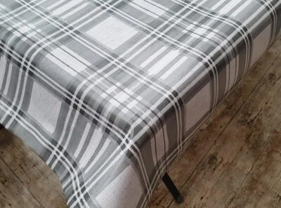 Slate Grey White Highland Tartan Plaid Check Stripe PVC Plastic Vinyl Tablecloth - Image 1 of 4