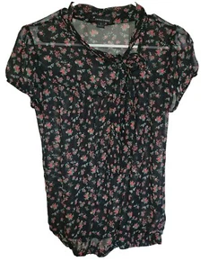 Twentyone Black Short Sleeve Pullover Floral Print Top W Neck Sash Size Small - Picture 1 of 7