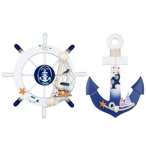 2 Pack 11" Nautical Beach Wooden Ship Wheel and 11" Wooden Anchor with Rope N... - Picture 1 of 7