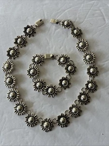 Sterling 925 Puffy Daisy Leaf Choker Halskette & Armband Mexico signiert MWS 139g - Bild 1 von 10