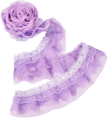 2-Layer Purple Ruffle Trim 2.2 Yards Organza Lace Trim 2 Inch Pleated Ribbon Fab - Image 1 of 4
