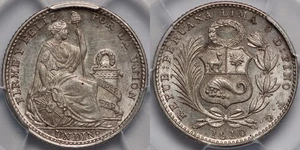 PCGS Graded MS63 Peru 1910-FG Dinero Lima Mint Uncirculated World Silver Coin - Bild 1 von 3