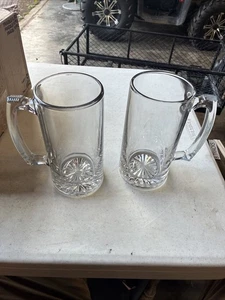 Pair of (2) NEW Glass Heavy Beer Steins / Sports Mugs with Handles 7" 26.5 oz - Picture 1 of 5
