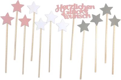 Frau WunderVoll® 12 Deko Topper 1 x Herzlichen Glückwunsch rosa + 11 x Sterne ro - Bild 1 von 4