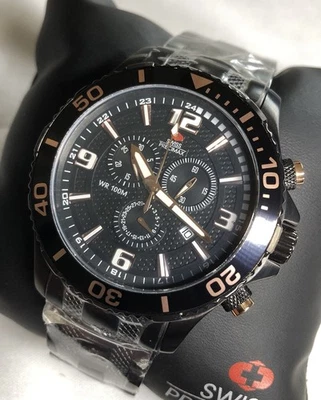 NIB Rare Swiss Precimax Tarsis Pro Mens Black Rose Gold SS Diver Chrono Watch - Image 1 of 4
