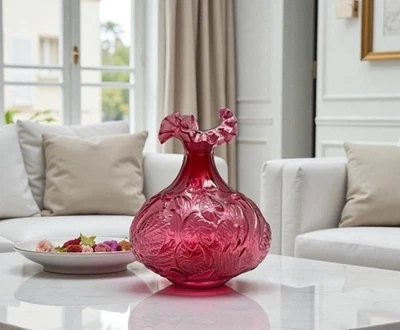 Vintage Fenton Cranberry Swan and Cattail Ruffled Top Vase 8" Excellent HTF - Image 1 of 4