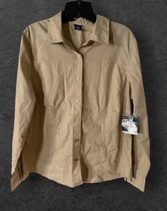 NWT VTG Basic Editions Button Down Shirt Blouse Women's Large Tan Collared New - Picture 1 of 6