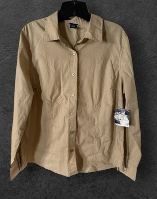 NWT VTG Basic Editions Button Down Shirt Blouse Women's Large Tan Collared New - Image 1 of 4
