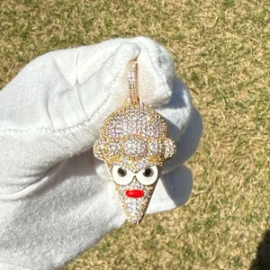 Ice Cream Cone Pendant 14K GoldPlated CZ Enamel Bling Pendant +Steel Rope Chain - Picture 1 of 7