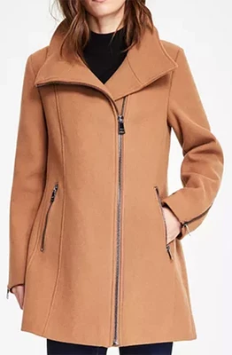 NWT Donna Karan NY Wool Blend Lined Asymmetrical  Zip Coat, XS, Dark Camel, $315 - Image 1 of 4