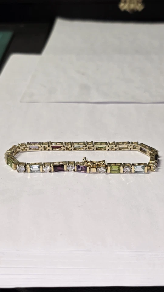 Sterling Silver Multiple Gemstone Tennis Bracelet Topez Peridot Ect 7in Long  - Image 1 of 4