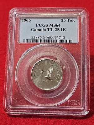 25 fichas Canadá 1965. TOKEN DE PRUEBA PCGS MS 64 TT-25.1B #T5416 Foto 1 de 2