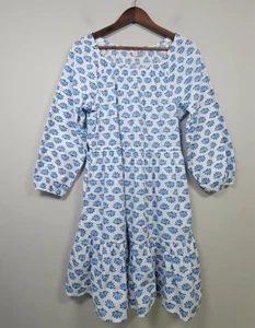 NWT J.Crew Womens 10 Puff Sleeve Smocked Tiered Dress Shell Print Blue White - Picture 1 of 12