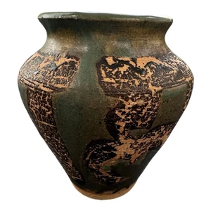Brutalist Green Black Studio Art Pottery Vase Wabi Sabi Mottled Artist Signed - Picture 1 of 11