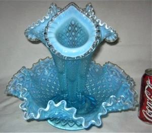 ANTIQUE FENTON USA SEA BLUE HOBNAIL OPALESCENT ART GLASS FLOWER EPERGNE URN VASE - Picture 1 of 12
