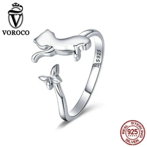 Anillo abierto de lujo de plata esterlina 925 Voroco gato mariposa encanto mujer joyería - Imagen 1 de 12