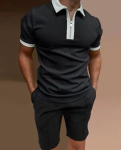 Polo T Shirts Men Zipper Collar Fashion Golf Short Sleeve Black Tee & Shorts SET - Picture 1 of 1