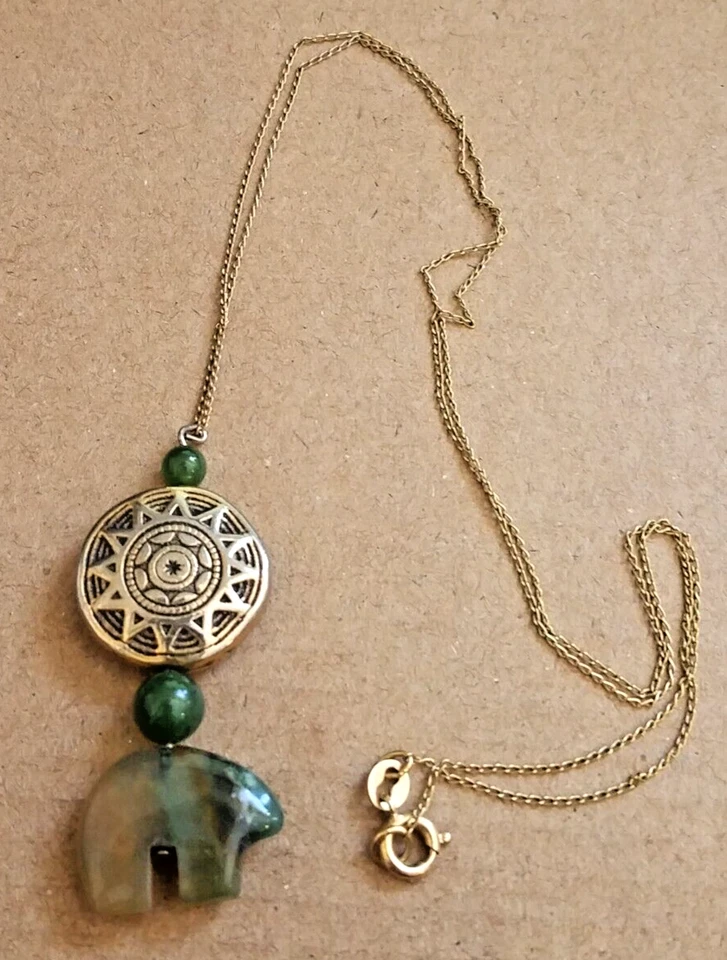 Jasper  Bear Jade Beads Gold Tone Sun Pendant Gold Filled Chain Necklace SNA - Image 1 of 4