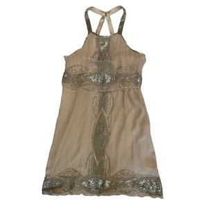 Rare Parker Silk Evening Bead Halter Mini Dress Blush Silver Sz 4 S Gatsby 7626 - Picture 1 of 24