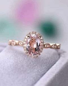 2Ct Oval Cut Peach Morganite Halo  Engagement Ring 14K Rose Gold Finish - Picture 1 of 7