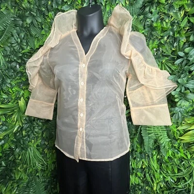 HESPERUS Tops Women Medium Beige Sheer Blouse Button Ruffle Accent 0168 - Image 1 of 4