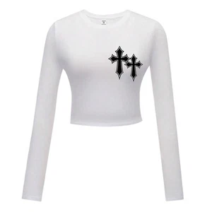 Girls Cross Pattern Long Sleeve Cropped T-Shirt in White, Size 14Y - Picture 1 of 2